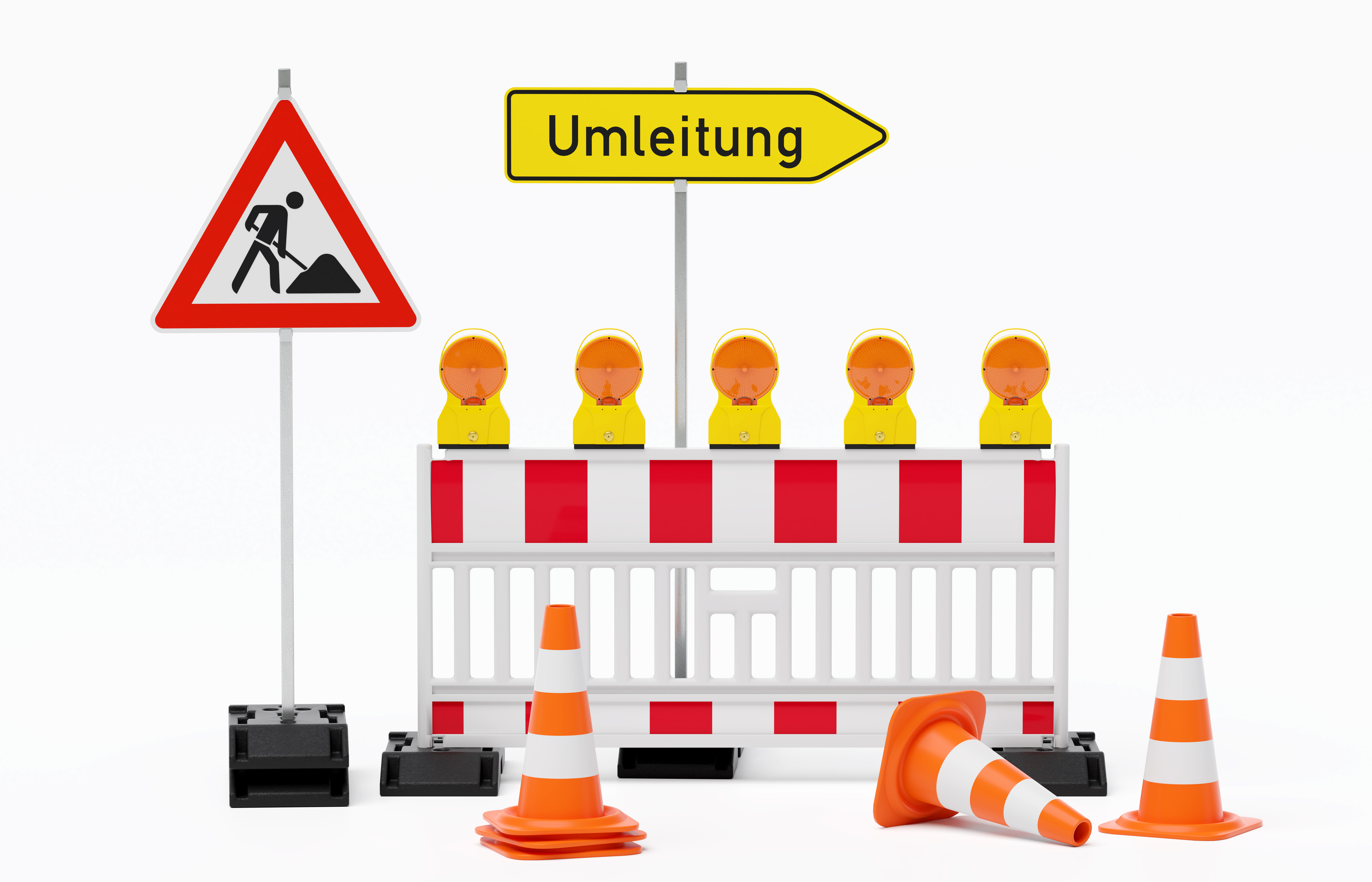Einzelne Absturzsicherung mit 5 Bakenleuchten gelb-orange, Fußplatten, Schild Baustelle, Schild Umleitung rechtsweisend auf Pfosten steht daneben und Verkehrshütchen Pylone - freigestellt