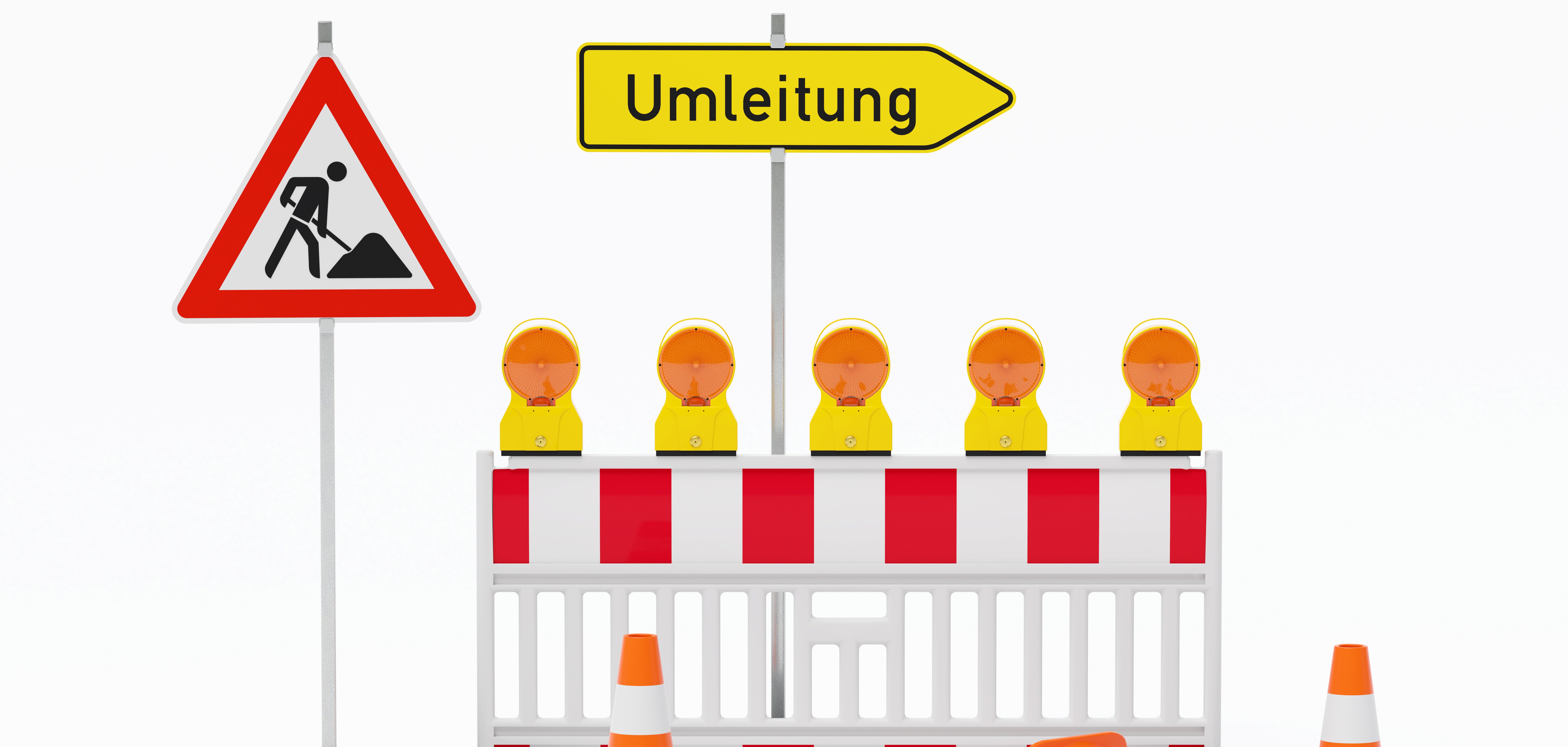 Einzelne Absturzsicherung mit 5 Bakenleuchten gelb-orange, Fußplatten, Schild Baustelle, Schild Umleitung rechtsweisend auf Pfosten steht daneben und Verkehrshütchen Pylone - freigestellt