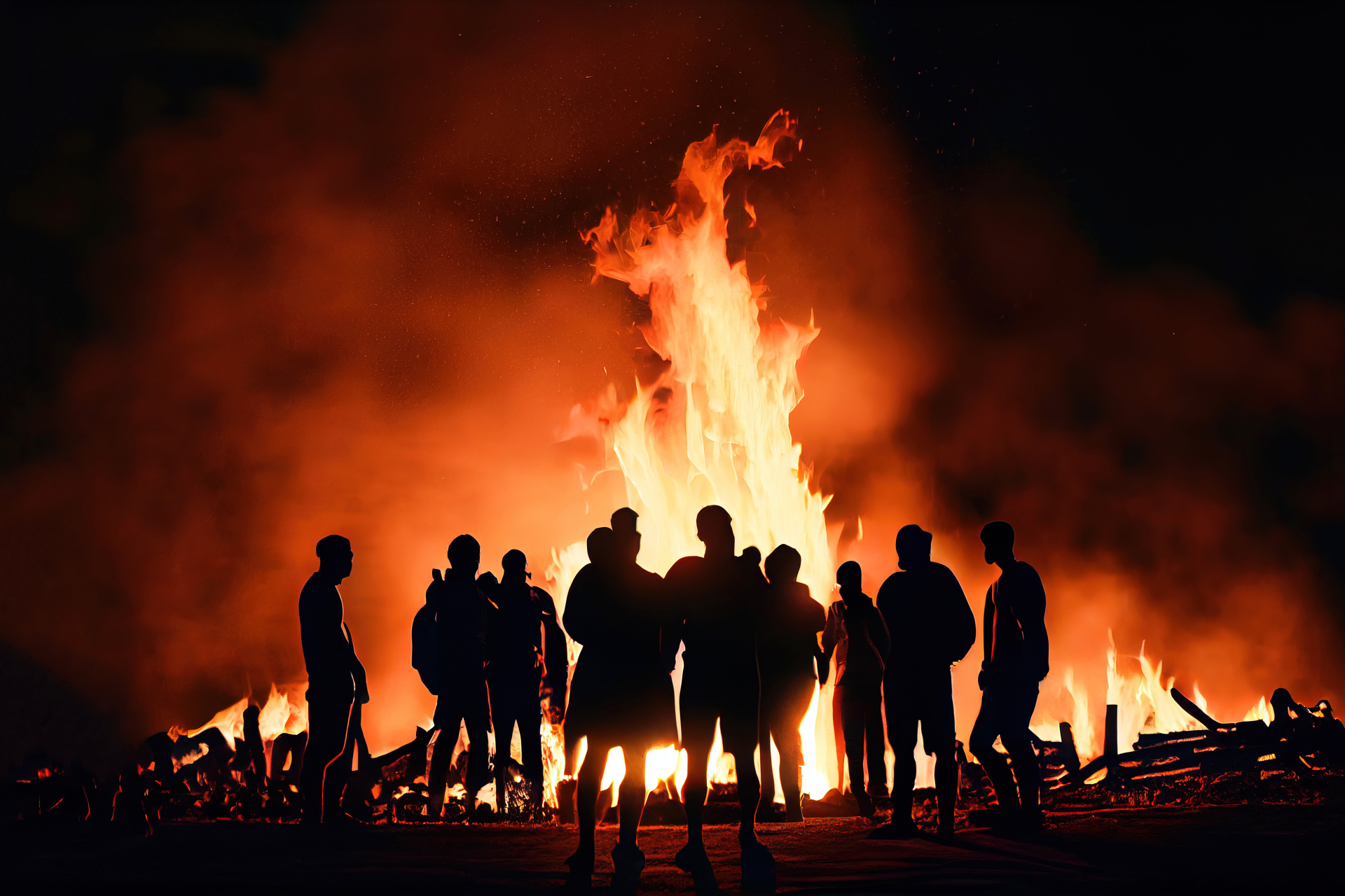 Crowd of people in silhouette watching easter fire or bonfire. Generative AI. Crowd of people in silhouette watching easter fire or bonfire. Generative AI.