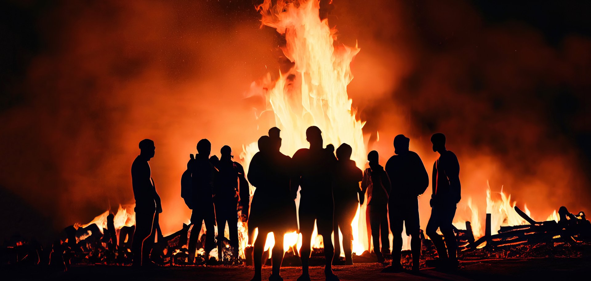 Crowd of people in silhouette watching easter fire or bonfire. Generative AI.