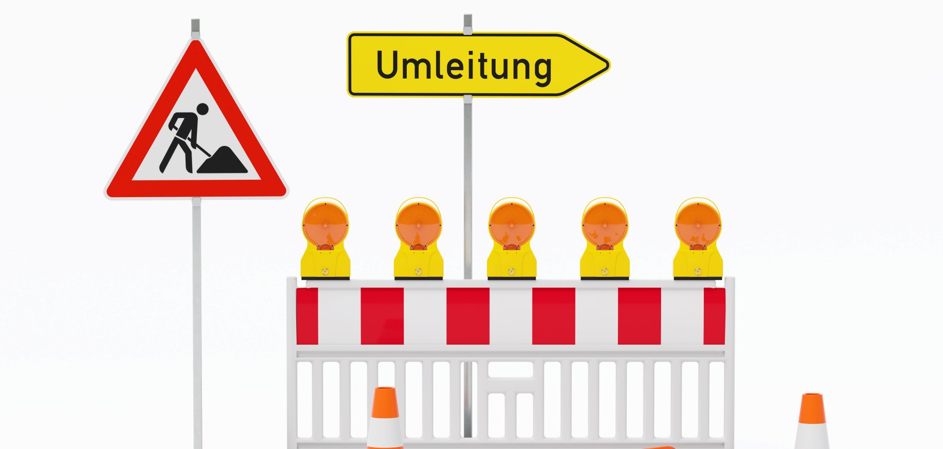 Einzelne Absturzsicherung mit 5 Bakenleuchten gelb-orange, Fußplatten, Schild Baustelle, Schild Umleitung rechtsweisend auf Pfosten steht daneben und Verkehrshütchen Pylone - freigestellt