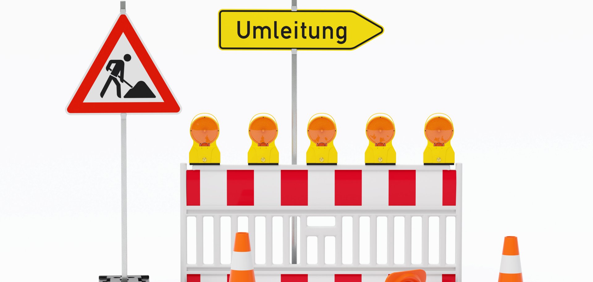 Einzelne Absturzsicherung mit 5 Bakenleuchten gelb-orange, Fußplatten, Schild Baustelle, Schild Umleitung rechtsweisend auf Pfosten steht daneben und Verkehrshütchen Pylone - freigestellt