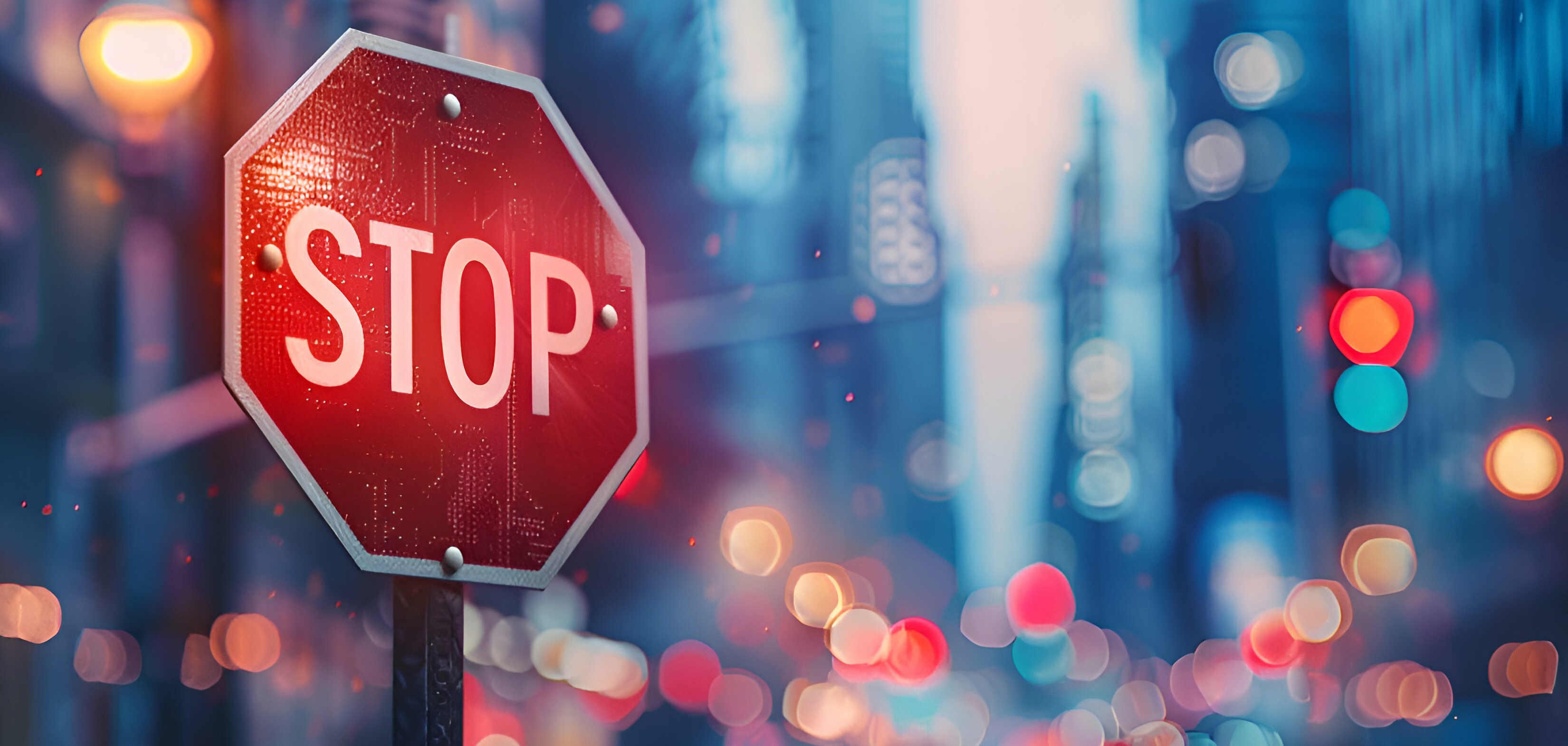 Defocused stop sign traffic regulations with traffic lights on the street