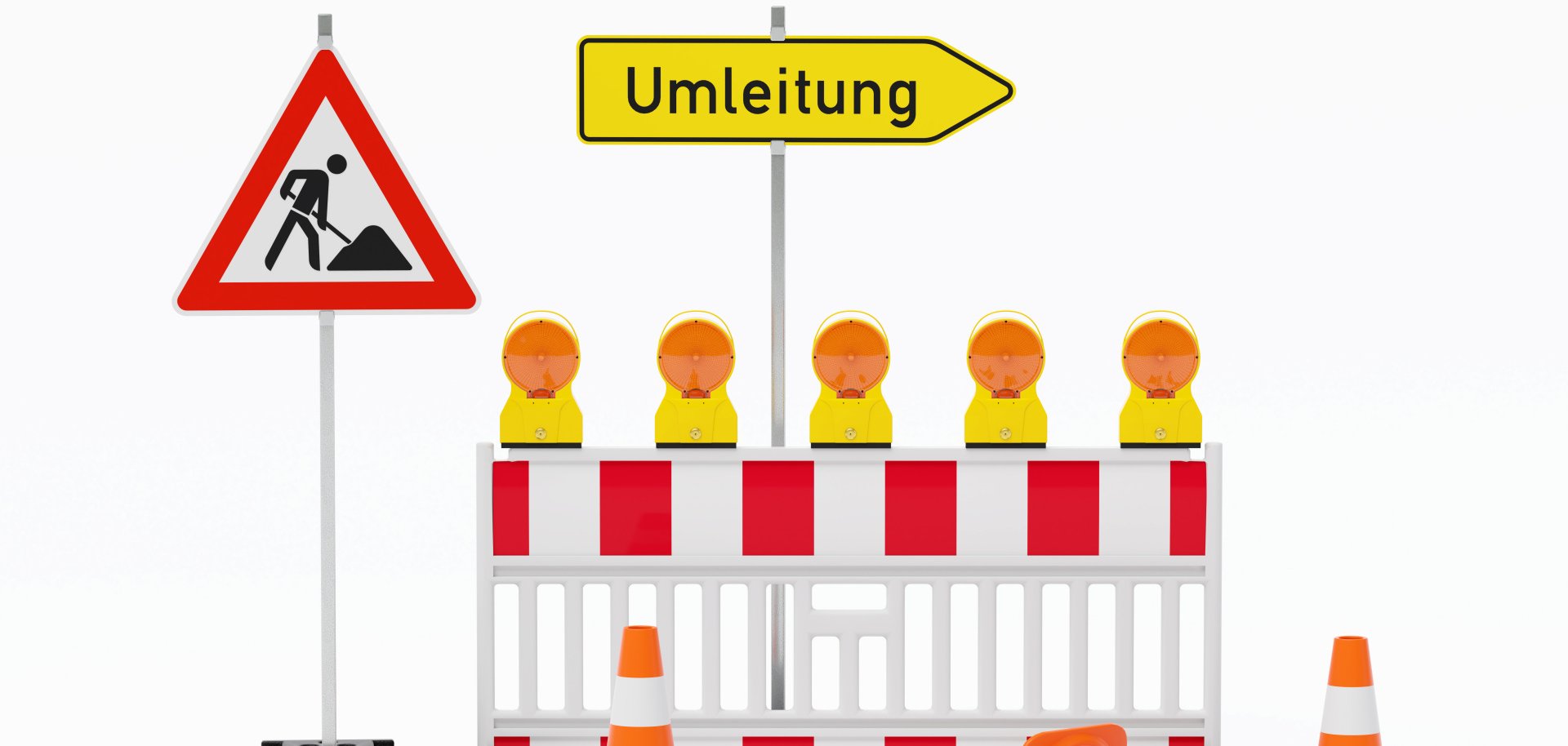 Einzelne Absturzsicherung mit 5 Bakenleuchten gelb-orange, Fußplatten, Schild Baustelle, Schild Umleitung rechtsweisend auf Pfosten steht daneben und Verkehrshütchen Pylone - freigestellt