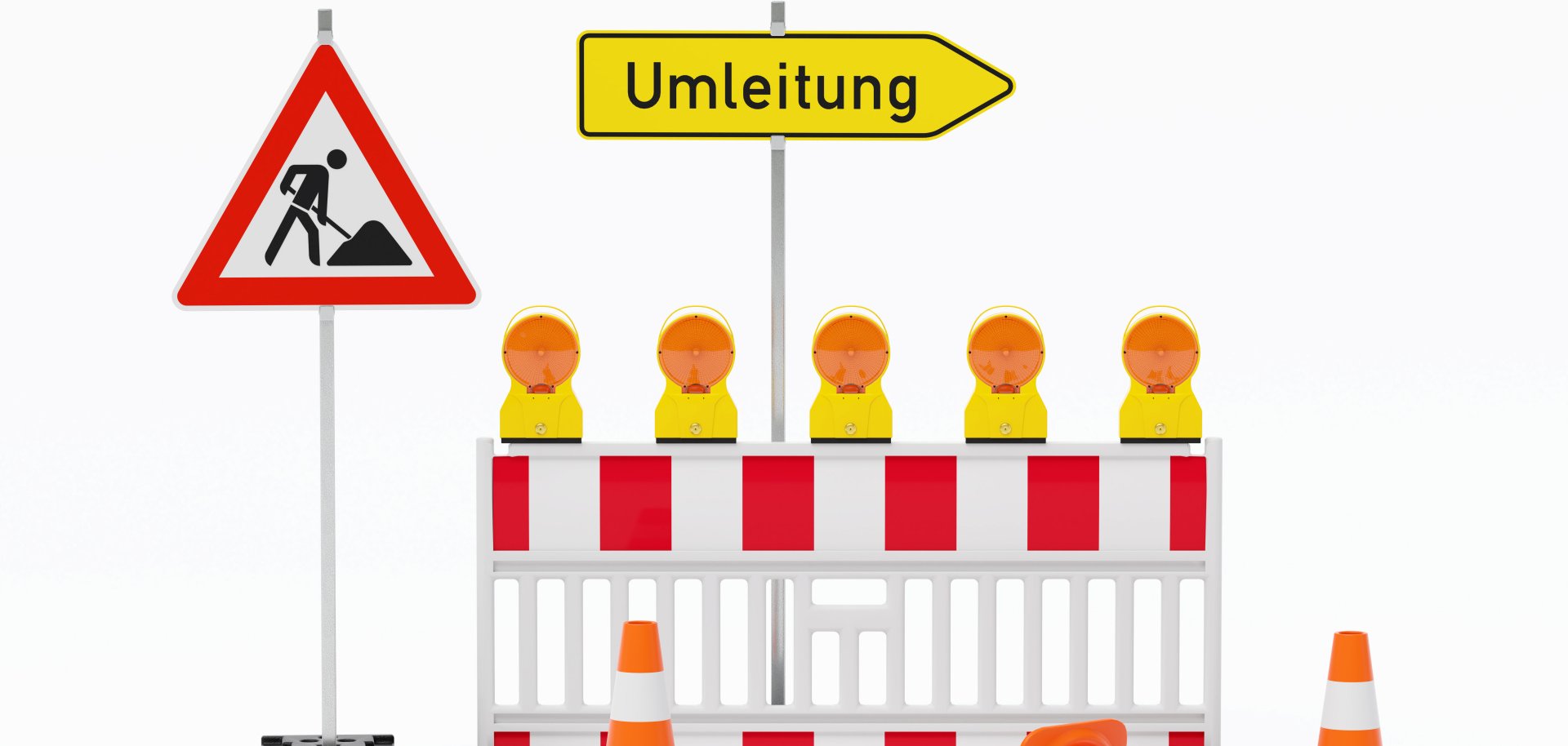 Einzelne Absturzsicherung mit 5 Bakenleuchten gelb-orange, Fußplatten, Schild Baustelle, Schild Umleitung rechtsweisend auf Pfosten steht daneben und Verkehrshütchen Pylone - freigestellt