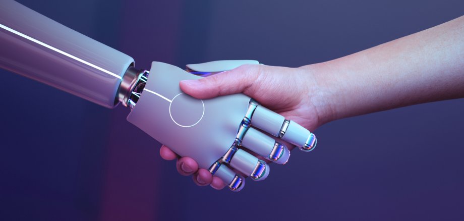 Robot handshake human background, futuristic digital age