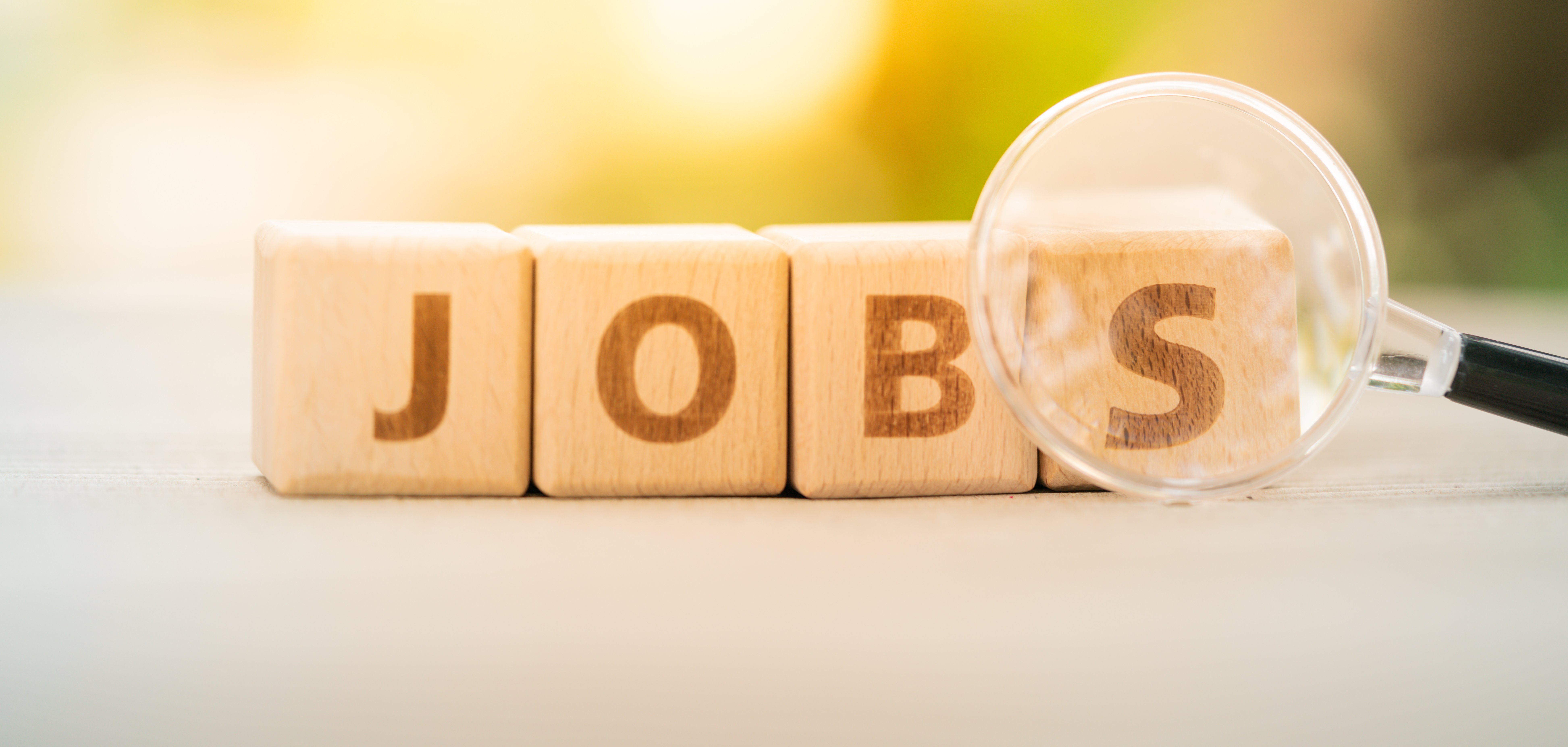 Wood block word JOB and magnifying glass with copy space using as background Choice of the best suited employee, HR, HRM, HRD, job recruiter concepts.